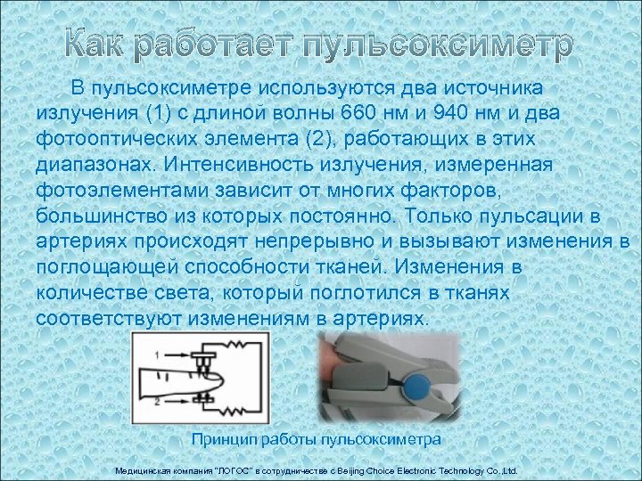 Как работает пульсоксиметр В пульсоксиметре используются два источника излучения (1) с длиной волны 660