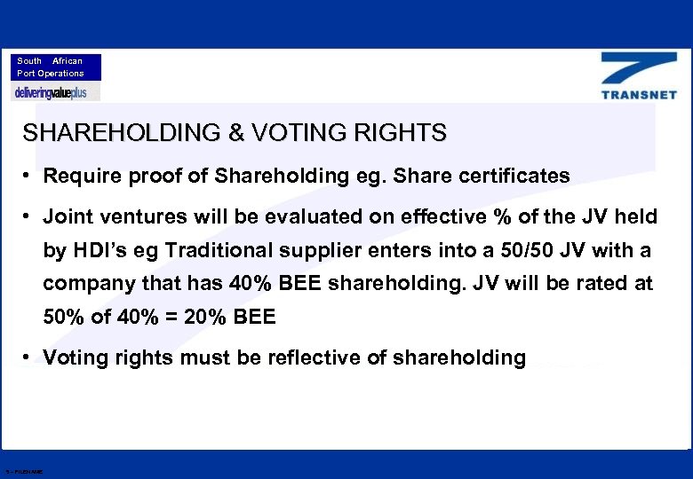South African Port Operations SHAREHOLDING & VOTING RIGHTS • Require proof of Shareholding eg.