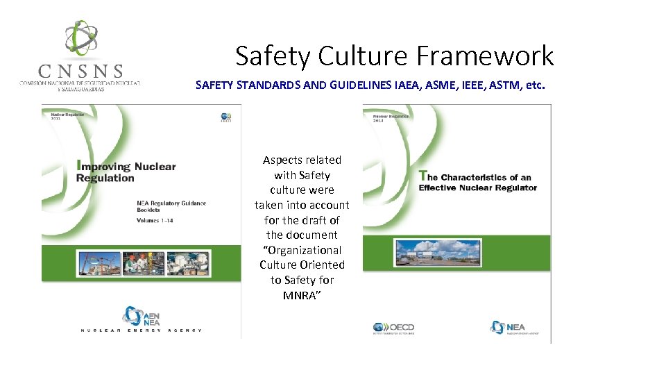 Safety Culture Framework SAFETY STANDARDS AND GUIDELINES IAEA, ASME, IEEE, ASTM, etc. Aspects related