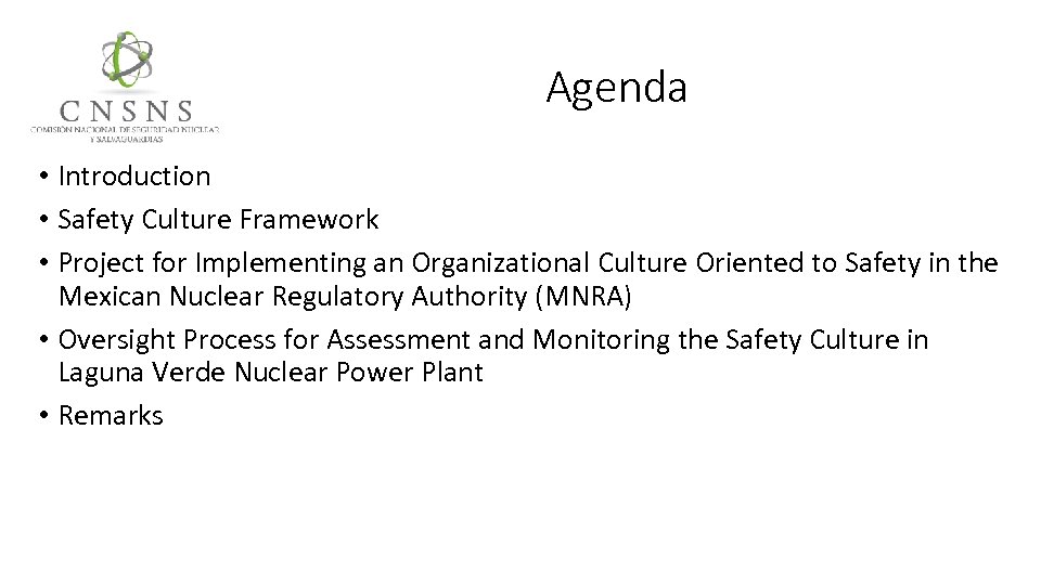 Agenda • Introduction • Safety Culture Framework • Project for Implementing an Organizational Culture