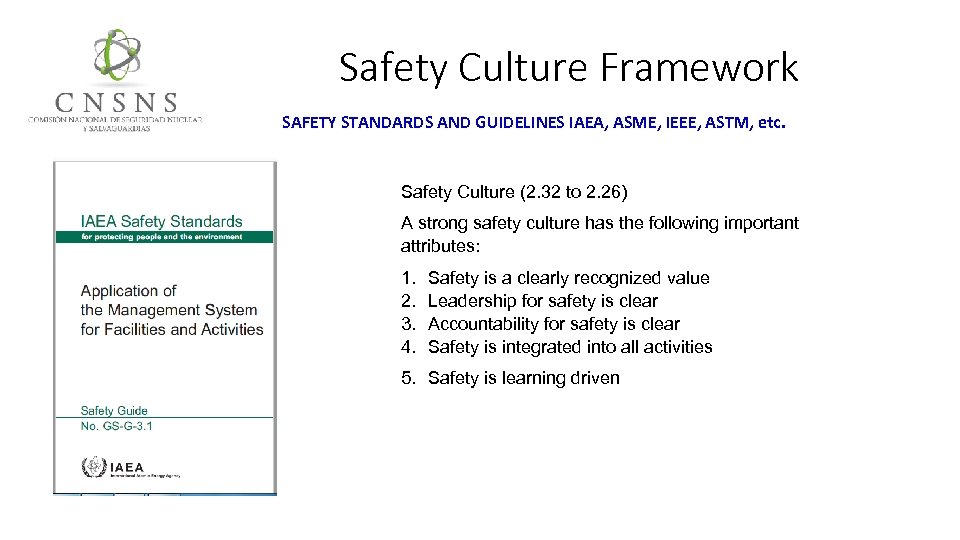Safety Culture Framework SAFETY STANDARDS AND GUIDELINES IAEA, ASME, IEEE, ASTM, etc. Safety Culture