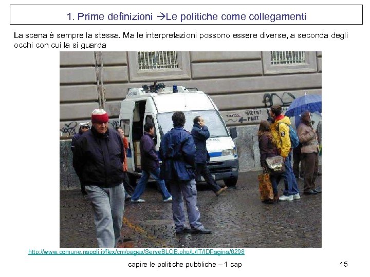1. Prime definizioni Le politiche come collegamenti La scena è sempre la stessa. Ma