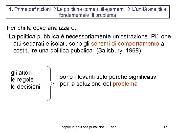 1. Prime definizioni Le politiche come collegamenti L’unità analitica fondamentale: il problema Per chi