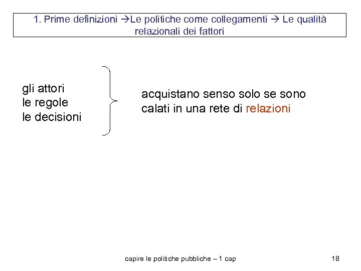 1. Prime definizioni Le politiche come collegamenti Le qualità relazionali dei fattori gli attori