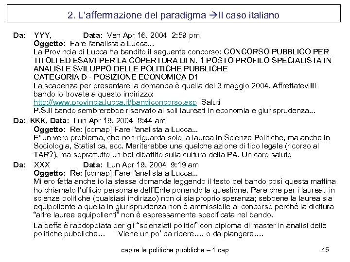 2. L’affermazione del paradigma Il caso italiano Da: YYY, Data: Ven Apr 16, 2004