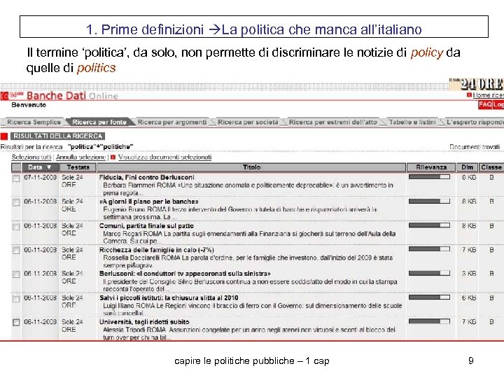 1. Prime definizioni La politica che manca all’italiano Il termine ‘politica’, da solo, non