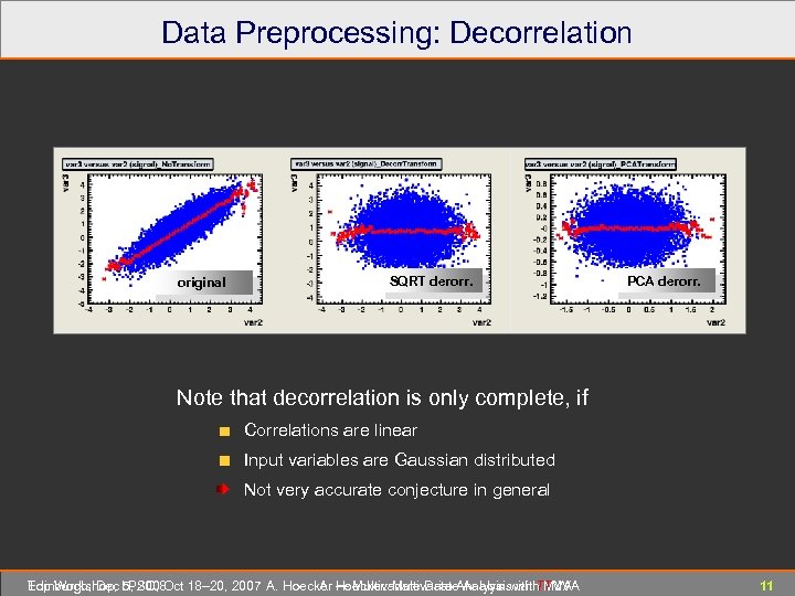 Data Preprocessing: Decorrelation original SQRT derorr. PCA derorr. Note that decorrelation is only complete,