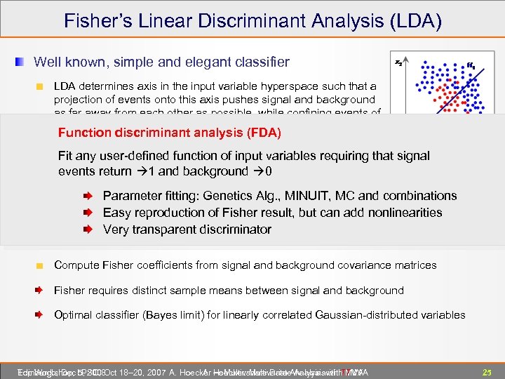 Fisher’s Linear Discriminant Analysis (LDA) Well known, simple and elegant classifier LDA determines axis