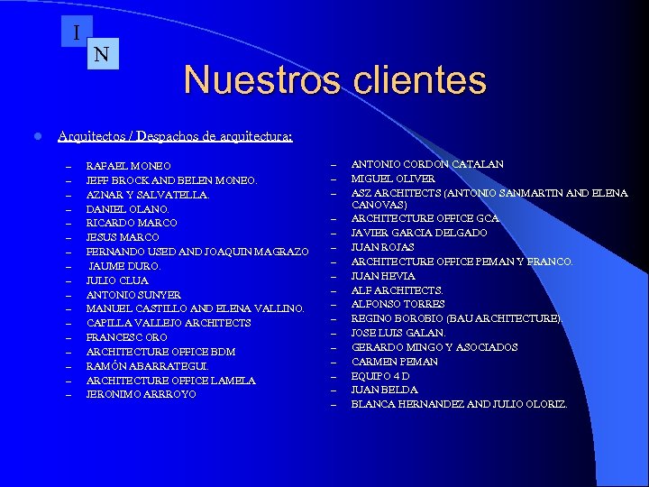 I l N Nuestros clientes Arquitectos / Despachos de arquitectura: – – – –