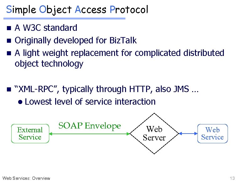Simple Object Access Protocol A W 3 C standard n Originally developed for Biz.