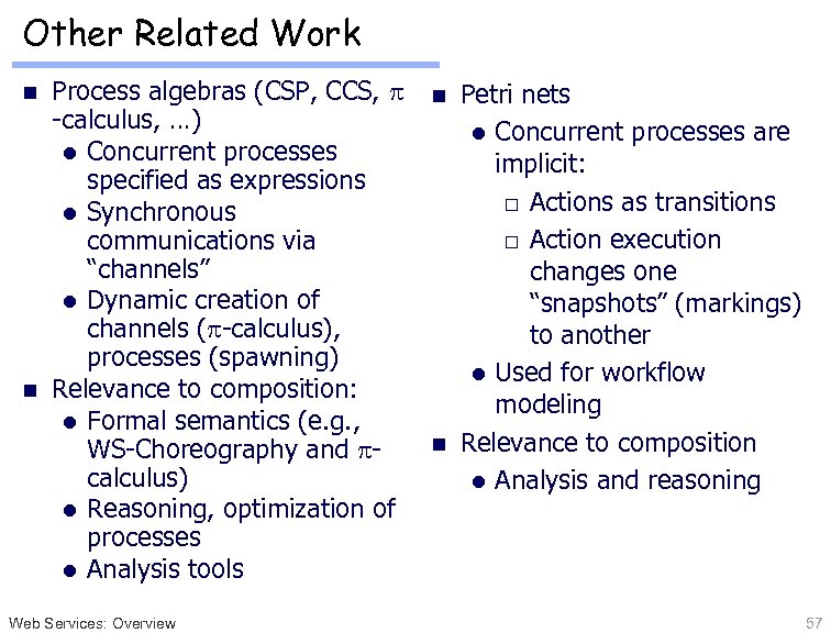 Other Related Work Process algebras (CSP, CCS, p -calculus, …) l Concurrent processes specified