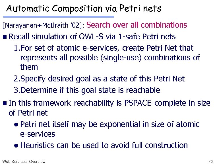 Automatic Composition via Petri nets [Narayanan+Mc. Ilraith ’ 02]: Search over all combinations n