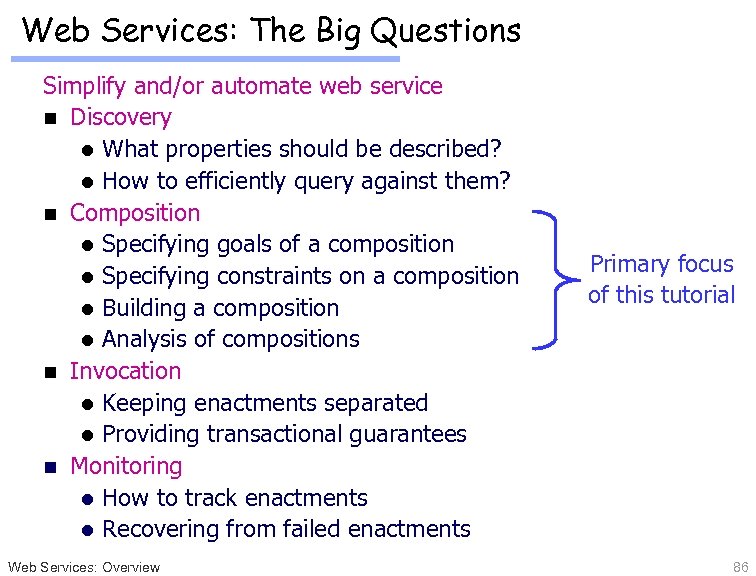 Web Services: The Big Questions Simplify and/or automate web service n Discovery l What