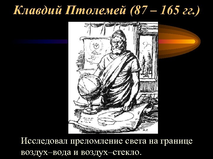 Клавдий Птолемей (87 – 165 гг. ) Исследовал преломление света на границе воздух–вода и