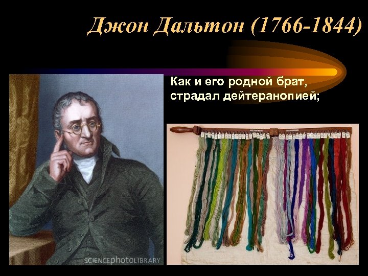Джон Дальтон (1766 -1844) Как и его родной брат, страдал дейтеранопией; 