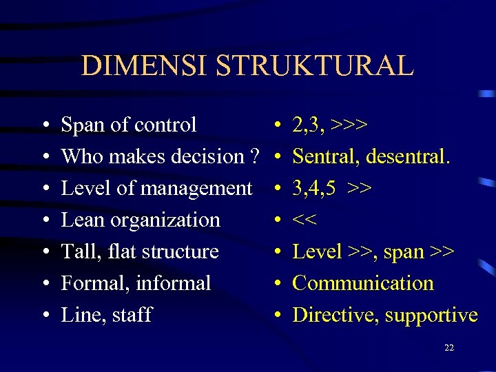 DIMENSI STRUKTURAL • • Span of control Who makes decision ? Level of management