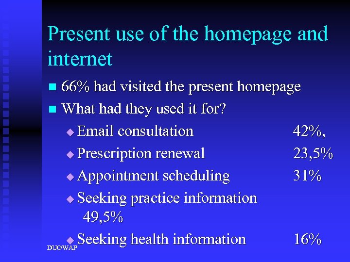 Present use of the homepage and internet 66% had visited the present homepage n