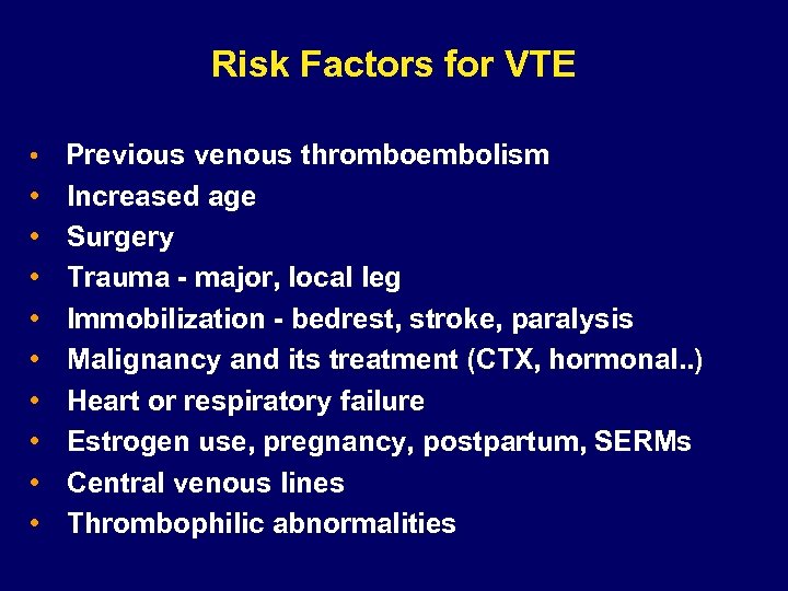 Risk Factors for VTE • • • Previous venous thromboembolism Increased age Surgery Trauma