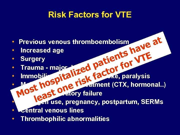 Risk Factors for VTE • • • Previous venous thromboembolism at ve Increased age