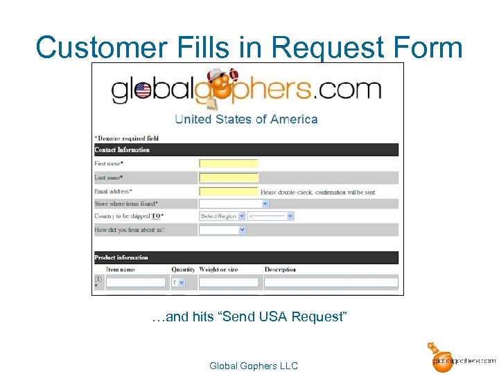 Customer Fills in Request Form …and hits “Send USA Request” Global Gophers LLC 