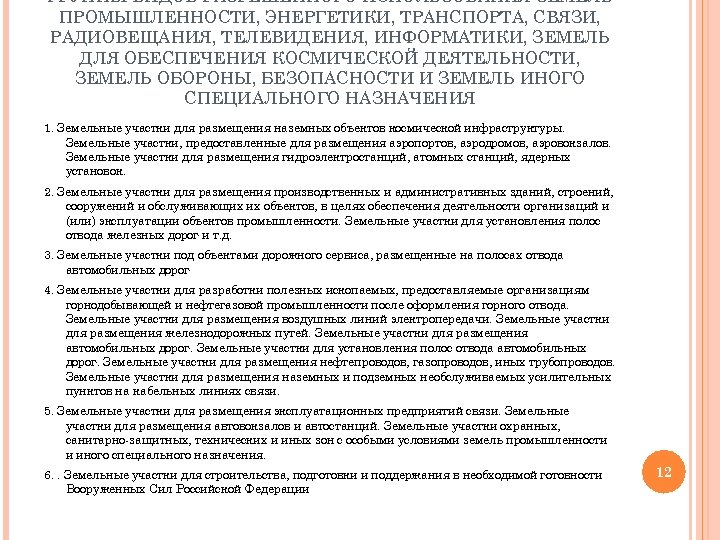 ГРУППЫ ВИДОВ РАЗРЕШЕННОГО ИСПОЛЬЗОВАНИЯ ЗЕМЕЛЬ ПРОМЫШЛЕННОСТИ, ЭНЕРГЕТИКИ, ТРАНСПОРТА, СВЯЗИ, РАДИОВЕЩАНИЯ, ТЕЛЕВИДЕНИЯ, ИНФОРМАТИКИ, ЗЕМЕЛЬ ДЛЯ