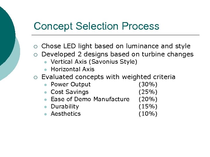 Concept Selection Process ¡ ¡ Chose LED light based on luminance and style Developed