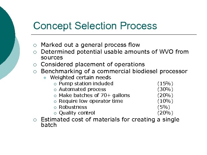 Concept Selection Process ¡ ¡ Marked out a general process flow Determined potential usable