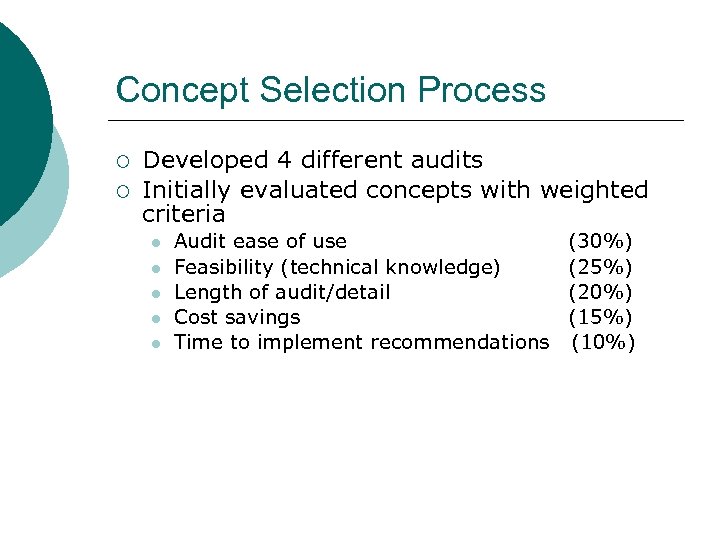 Concept Selection Process ¡ ¡ Developed 4 different audits Initially evaluated concepts with weighted