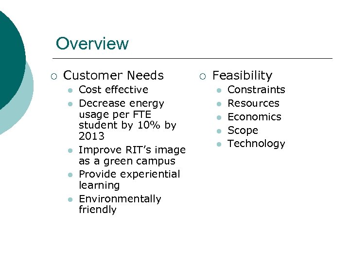 Overview ¡ Customer Needs l l l Cost effective Decrease energy usage per FTE