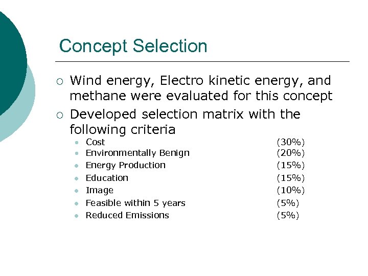 Concept Selection ¡ ¡ Wind energy, Electro kinetic energy, and methane were evaluated for