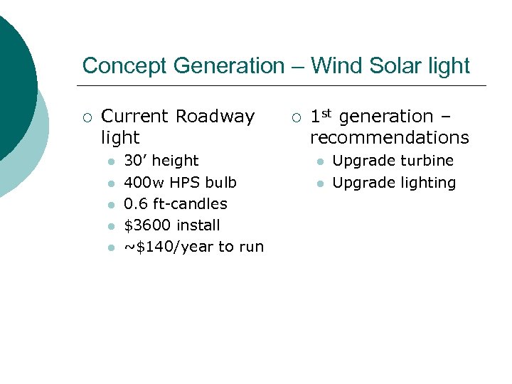 Concept Generation – Wind Solar light ¡ Current Roadway light l l l 30’