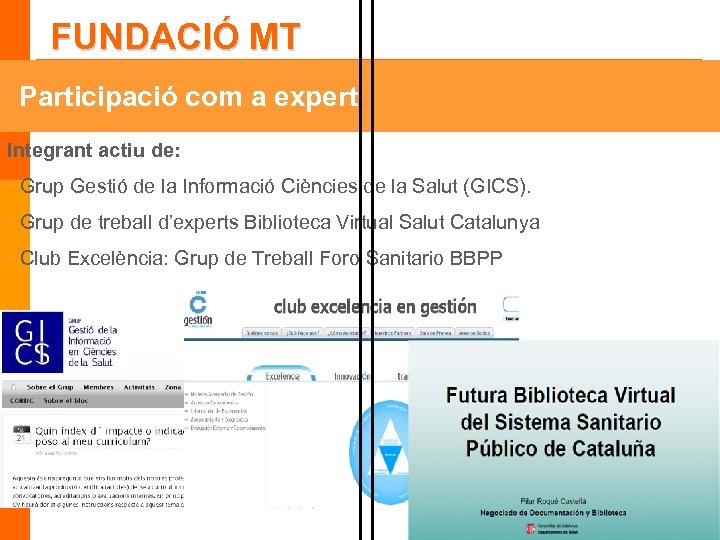 FUNDACIÓ MT Participació com a expert Integrant actiu de: • Grup Gestió de la