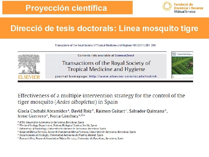 Proyección científica Direcció de tesis doctorals: Línea mosquito tigre 