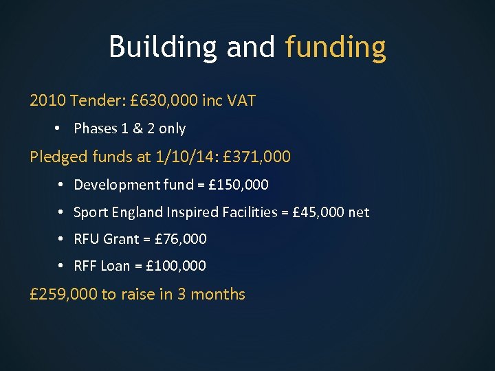 Building and funding 2010 Tender: £ 630, 000 inc VAT • Phases 1 &