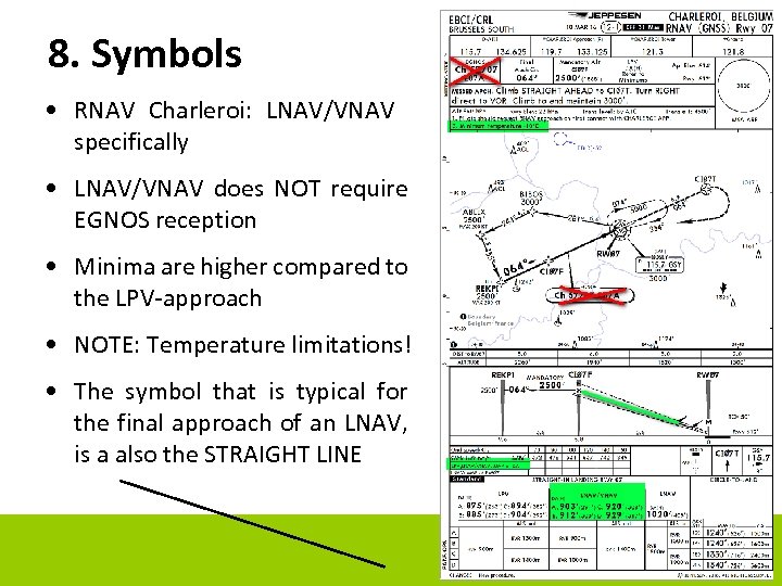 8. Symbols • RNAV Charleroi: LNAV/VNAV specifically • LNAV/VNAV does NOT require EGNOS reception