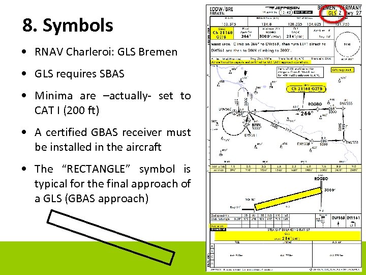 8. Symbols • RNAV Charleroi: GLS Bremen • GLS requires SBAS • Minima are