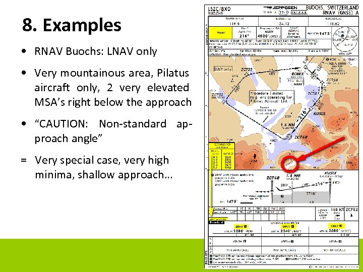 8. Examples • RNAV Buochs: LNAV only • Very mountainous area, Pilatus aircraft only,