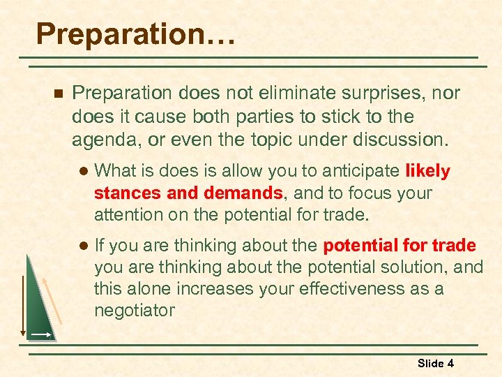 Preparation… n Preparation does not eliminate surprises, nor does it cause both parties to