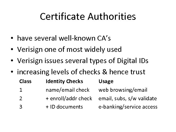 Certificate Authorities • • have several well-known CA’s Verisign one of most widely used