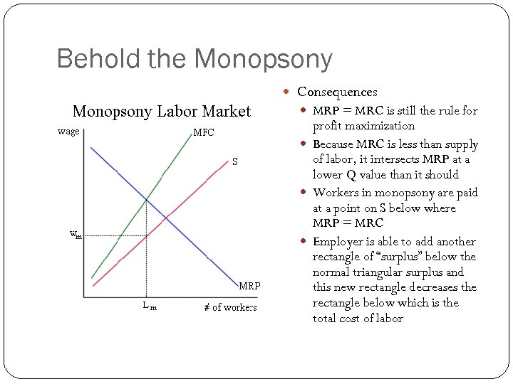 Behold the Monopsony Consequences MRP = MRC is still the rule for profit maximization