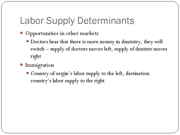 Labor Supply Determinants Opportunities in other markets Doctors hear that there is more money