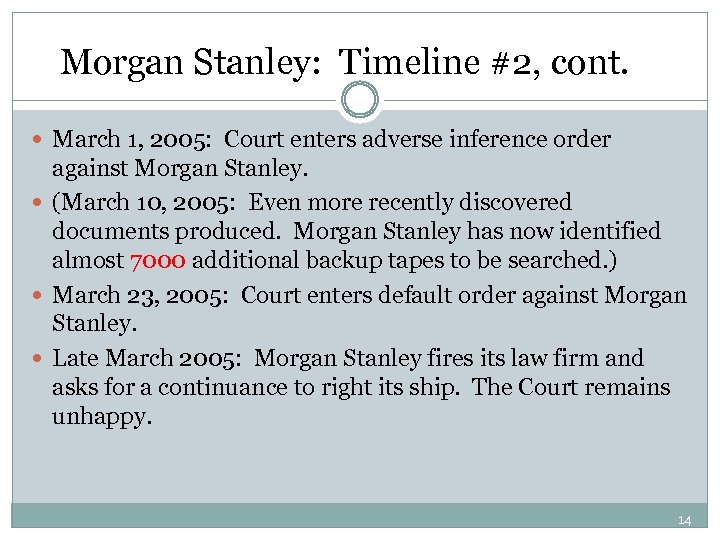 Morgan Stanley: Timeline #2, cont. March 1, 2005: Court enters adverse inference order against