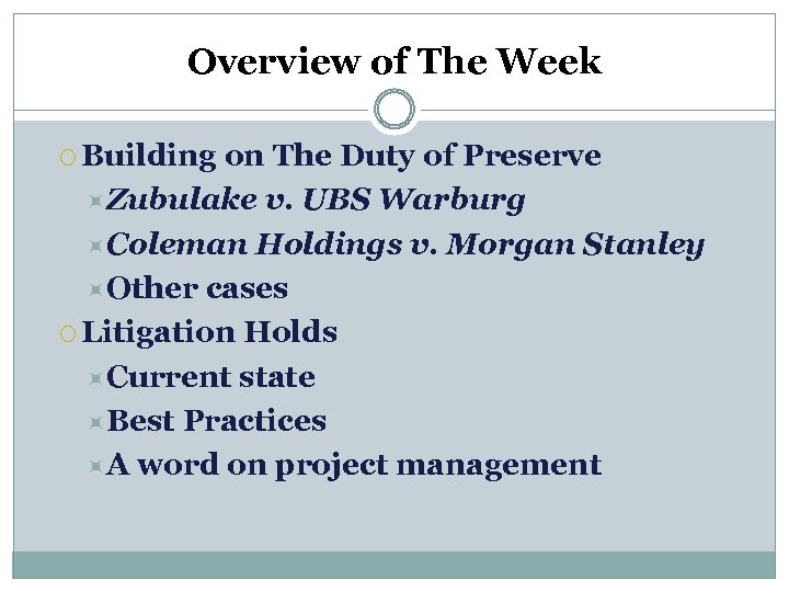 Overview of The Week Building on The Duty of Preserve Zubulake v. UBS Warburg