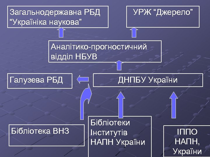 Загальнодержавна РБД “Україніка наукова” УРЖ “Джерело” Аналітико-прогностичний відділ НБУВ Галузева РБД Бібліотека ВНЗ ДНПБУ