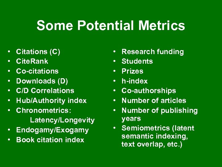 Some Potential Metrics • • Citations (C) Cite. Rank Co-citations Downloads (D) C/D Correlations