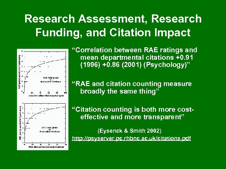 Research Assessment, Research Funding, and Citation Impact “Correlation between RAE ratings and mean departmental