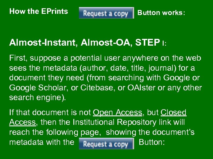 How the EPrints Button works: Almost-Instant, Almost-OA, STEP I: First, suppose a potential user