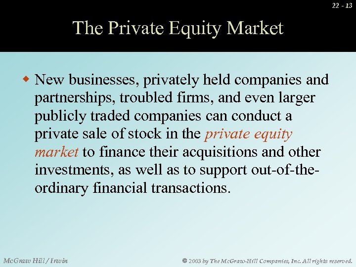 22 - 13 The Private Equity Market w New businesses, privately held companies and