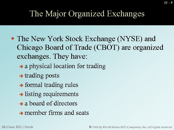 22 - 9 The Major Organized Exchanges w The New York Stock Exchange (NYSE)