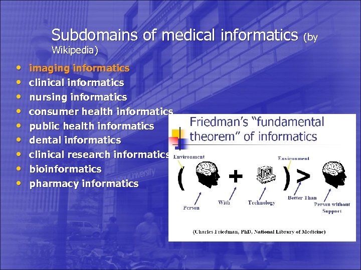 Subdomains of medical informatics (by Wikipedia) • • • imaging informatics clinical informatics nursing